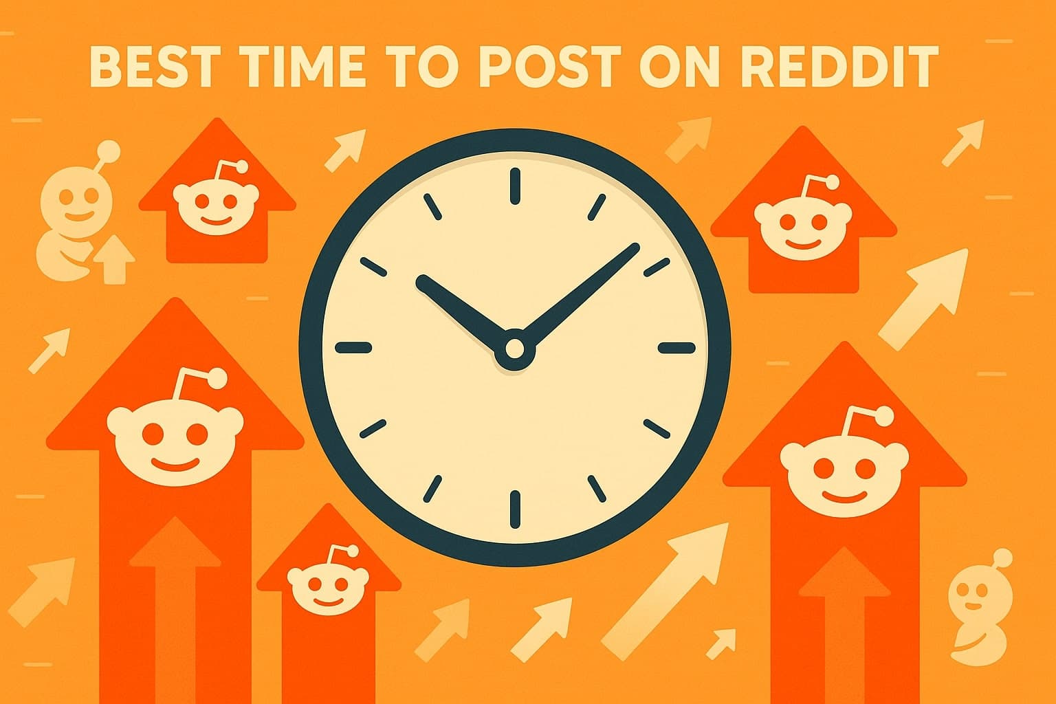 A modern infographic-style illustration of a clock surrounded by Reddit upvote arrows, symbolizing perfect timing