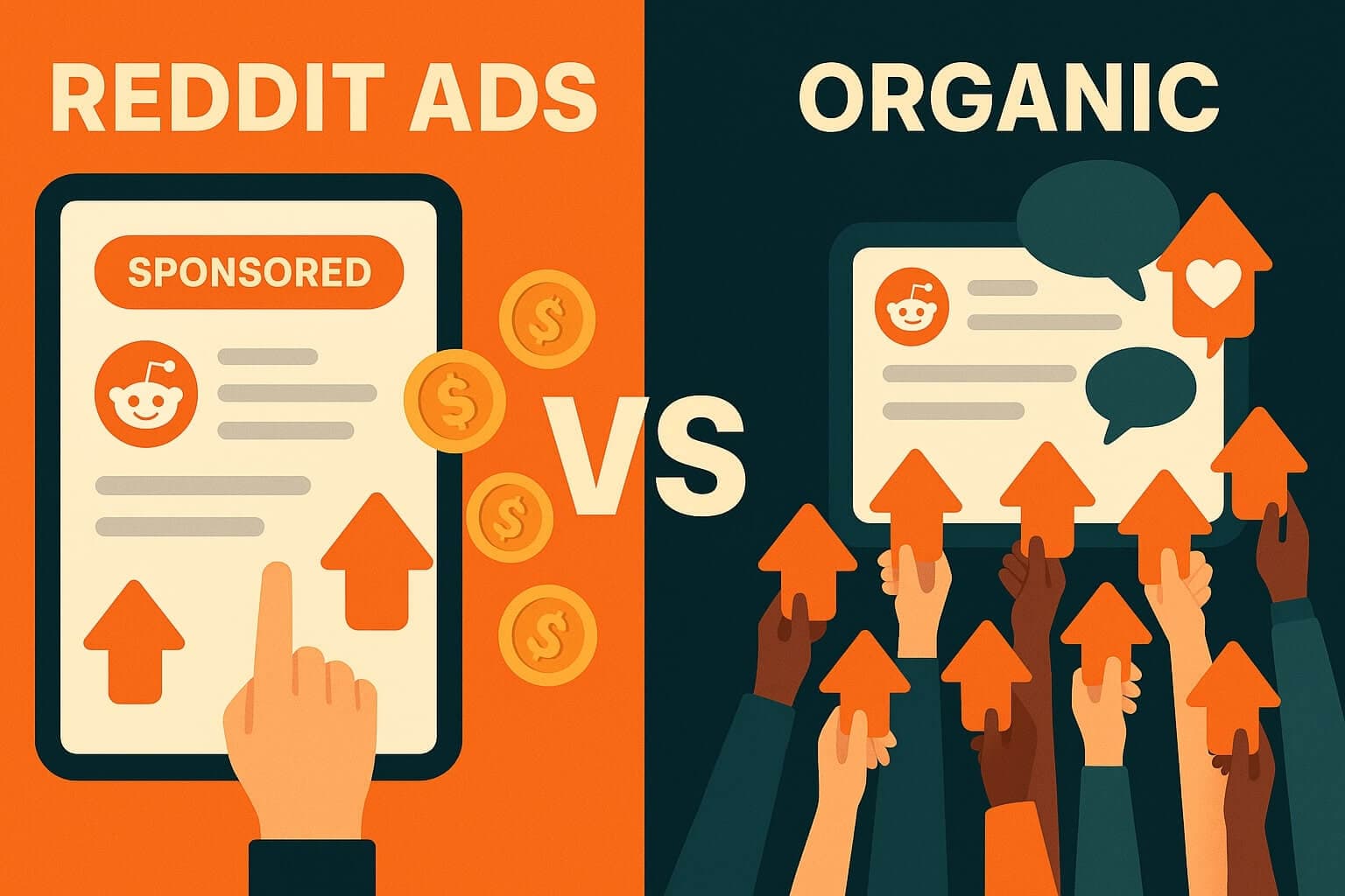 A conceptual illustration comparing Reddit Ads and organic upvote growth, with split panels showing sponsored posts vs community-driven engagement
