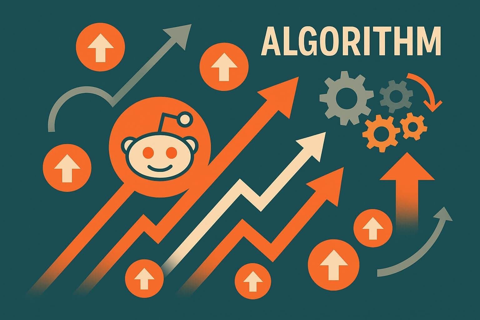 A conceptual illustration of Reddit's algorithm, with gears, arrows, and upvote icons
