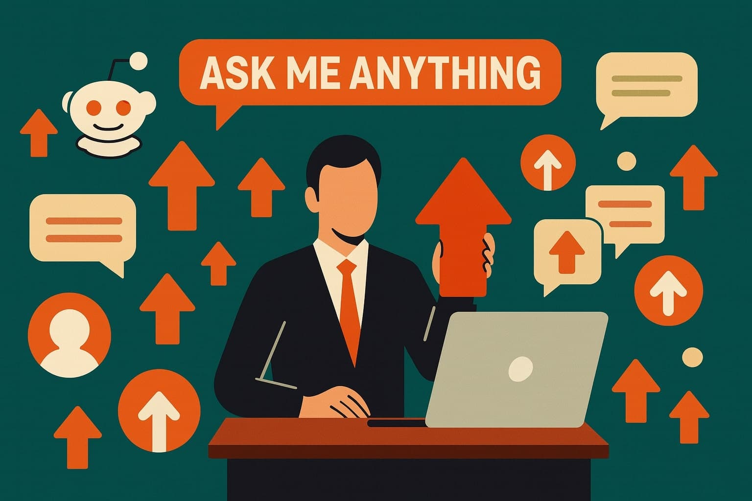 A flat illustration showing a brand representative hosting a Reddit AMA surrounded by upvote icons and conversation threads