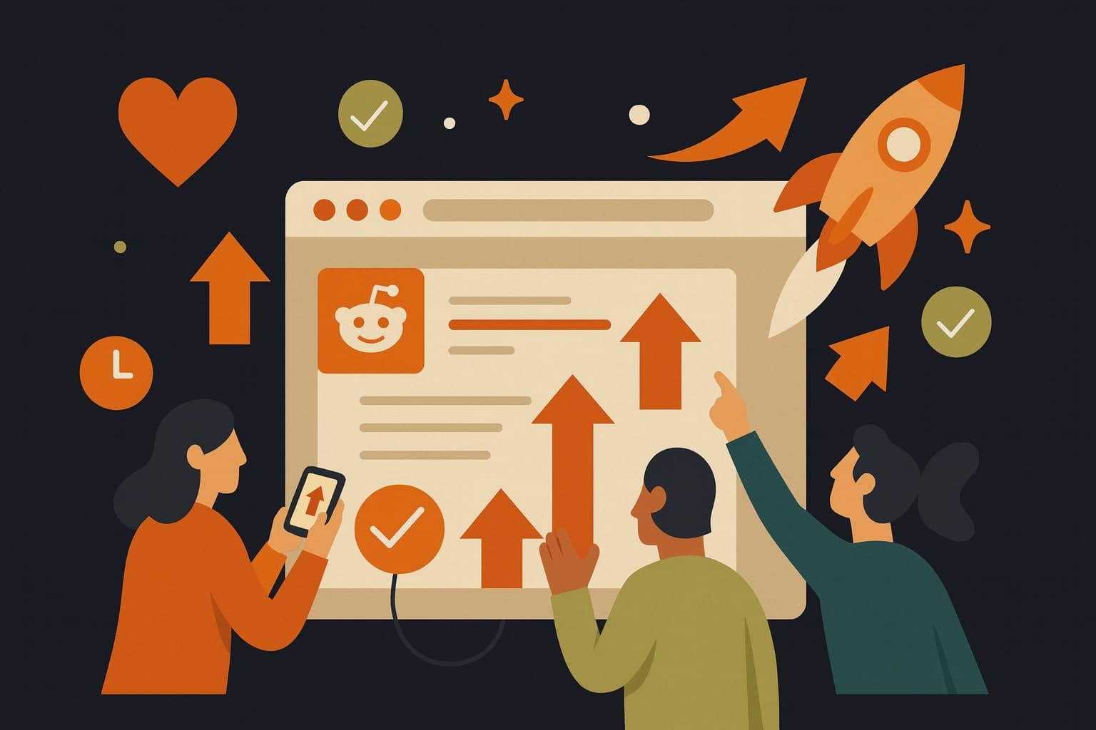 A conceptual illustration showing Reddit users following a brand's posts and sharing content, symbolizing growing authority