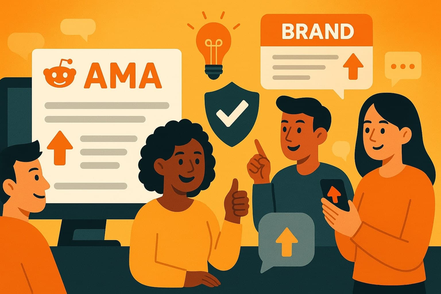 A modern digital illustration showing brands engaging on Reddit through AMAs, comments, and upvotes, symbolizing trust and authority