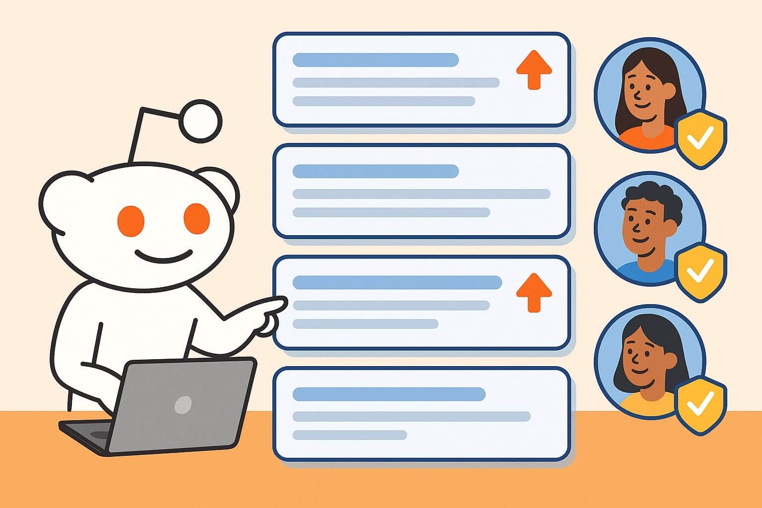 A conceptual illustration showing a brand representative responding to users with layered comment threads and trust badges