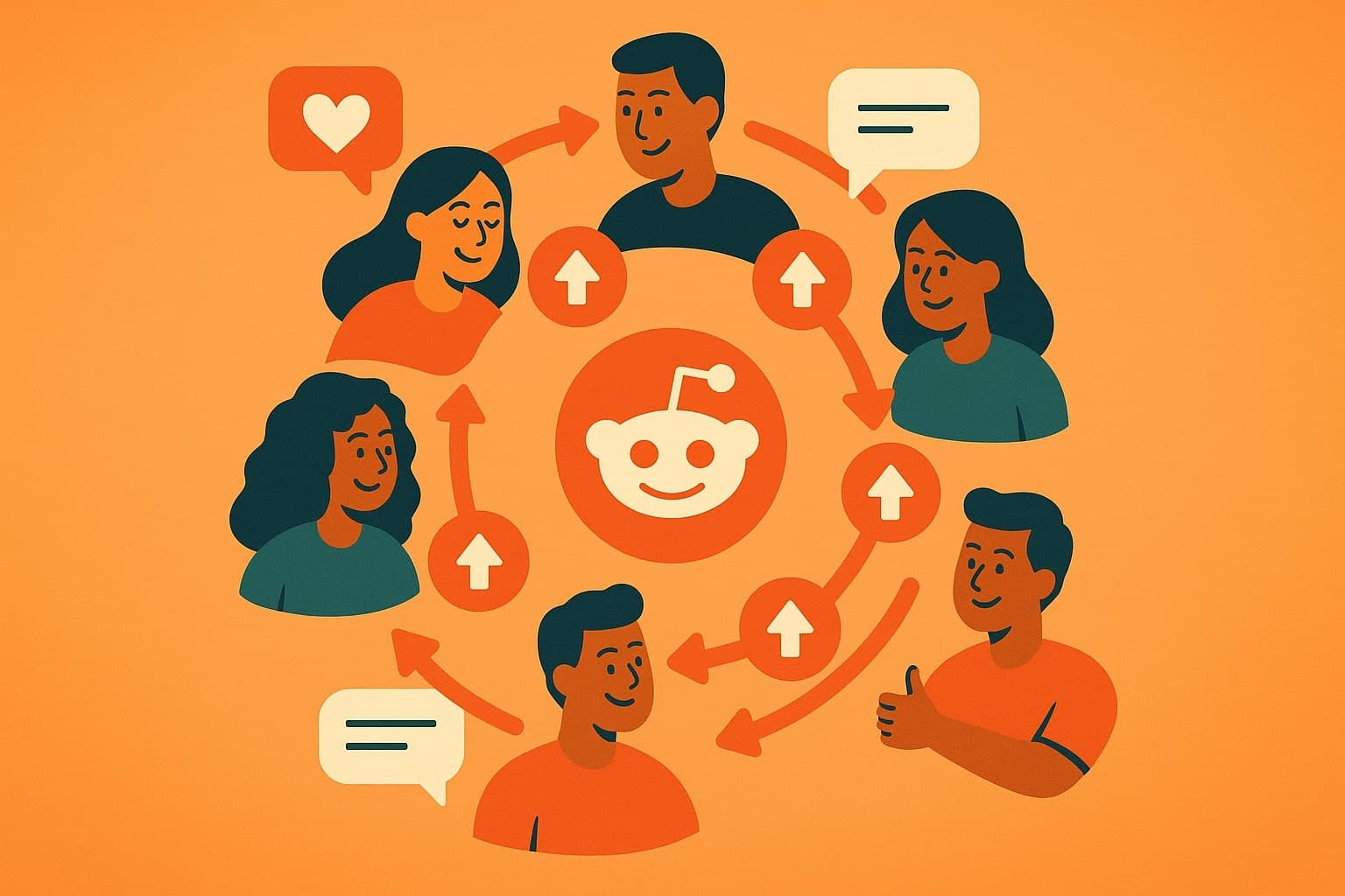 A modern illustration of Reddit users forming a growing circle of community engagement, symbolizing loyalty and trust