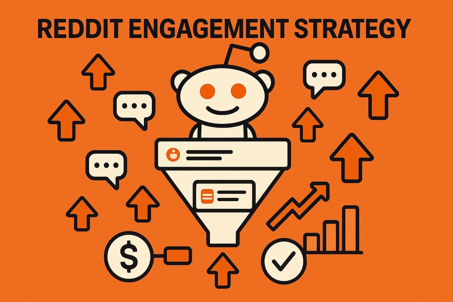 A flat digital illustration showing a Reddit user funnel transforming upvotes and discussions into conversion icons and growth arrows