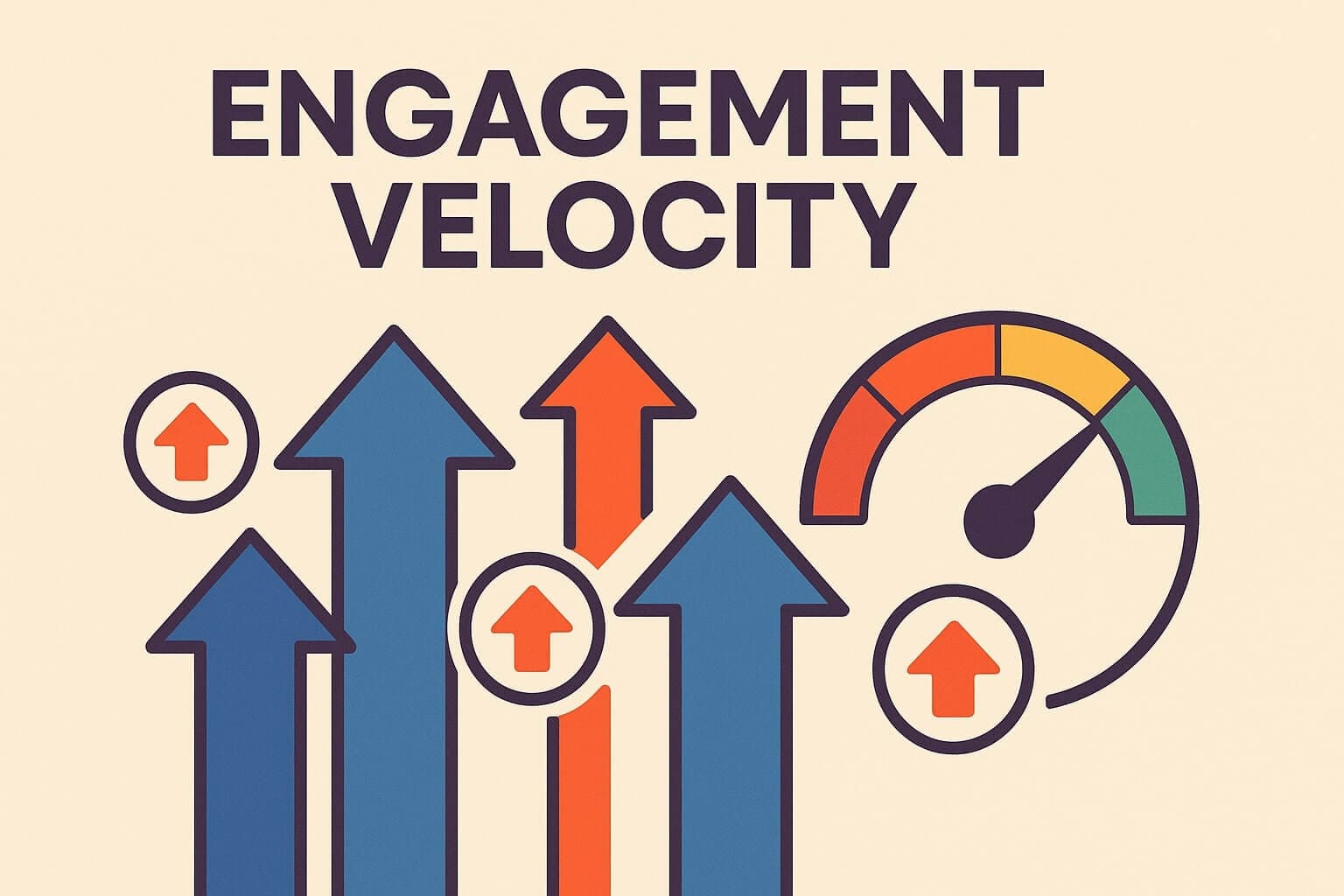 A 2D infographic-style illustration showing arrows, Reddit upvote icons, and a speedometer symbolizing engagement velocity