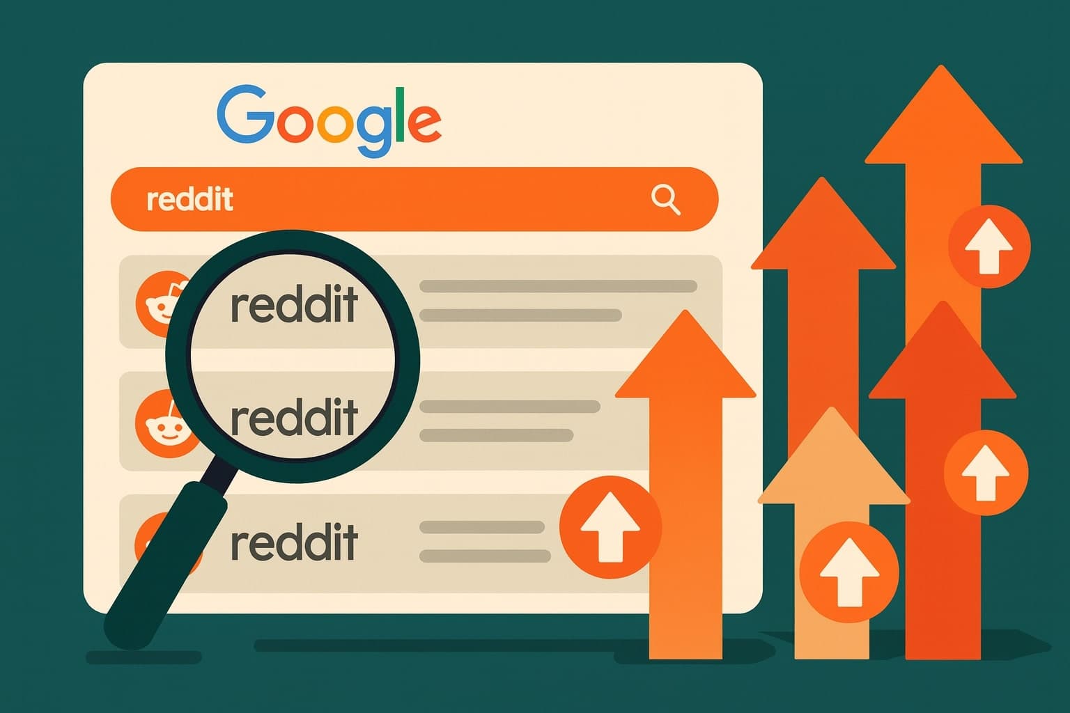 A flat digital illustration showing Reddit posts ranking on Google search results with magnifying glass and upvote arrows