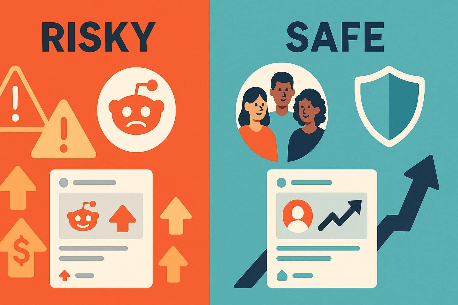 A conceptual infographic comparing risky bot upvotes vs safe real-account engagement growth