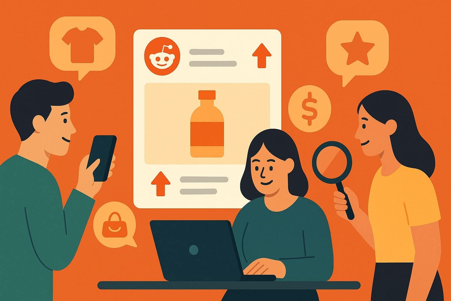 A modern illustration of shoppers researching products on Reddit, using community posts, upvote arrows, and product icons, representing consumer insights and purchase decisions