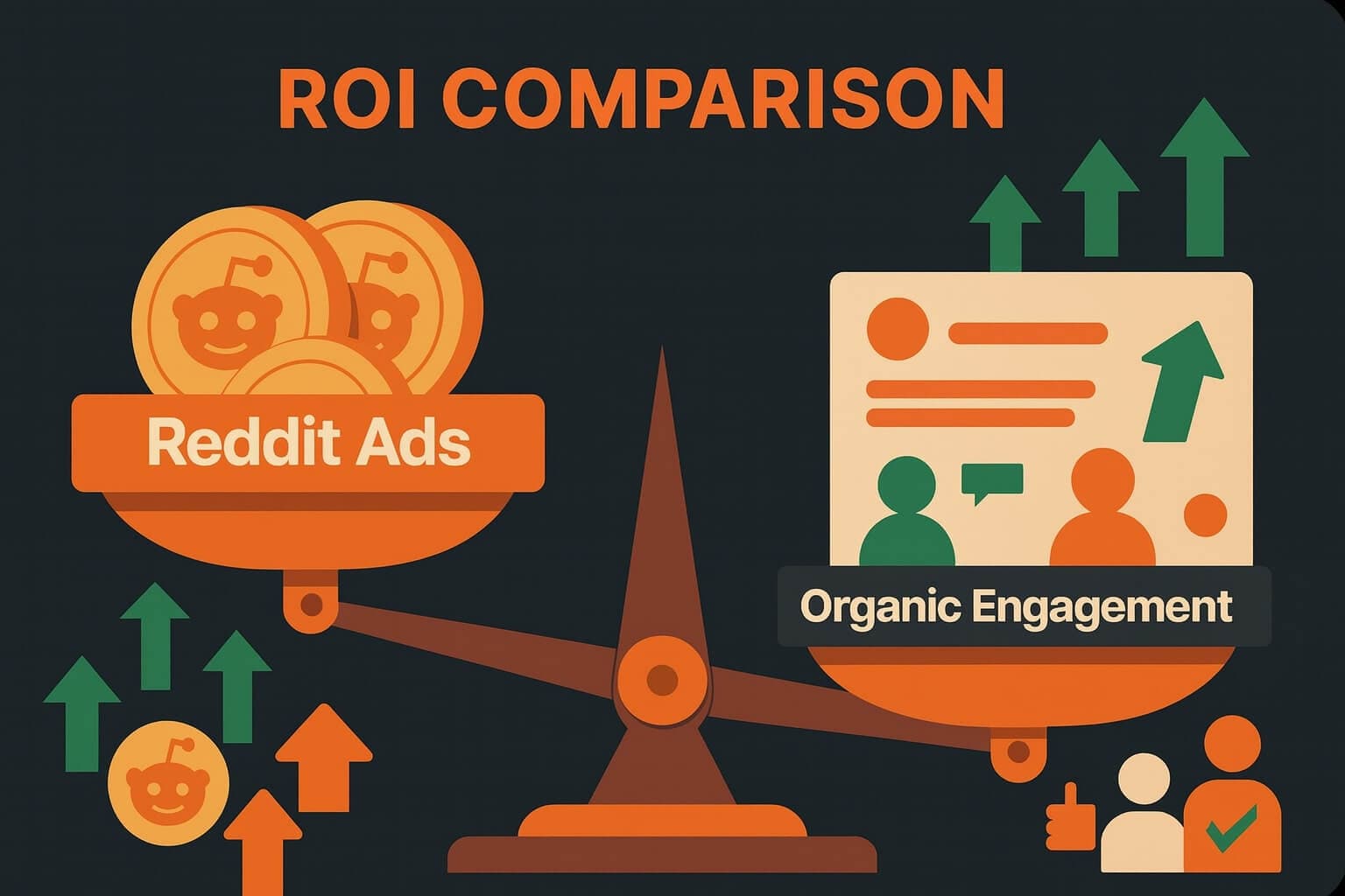 A conceptual balance scale with Reddit ad coins on one side and community engagement icons on the other, symbolizing ROI comparison