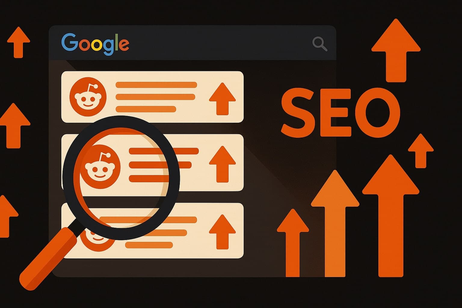 A flat digital illustration of Reddit posts appearing on Google search results, symbolizing SEO and content visibility