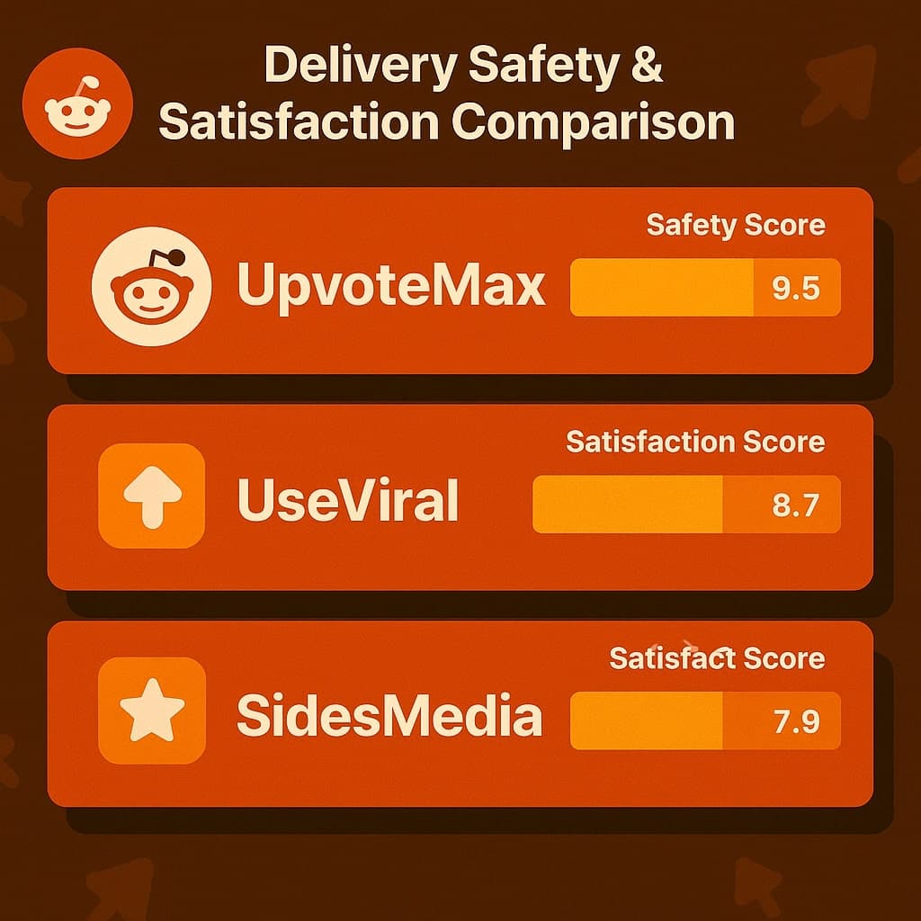 An infographic comparing delivery safety and satisfaction scores among Reddit upvote platforms