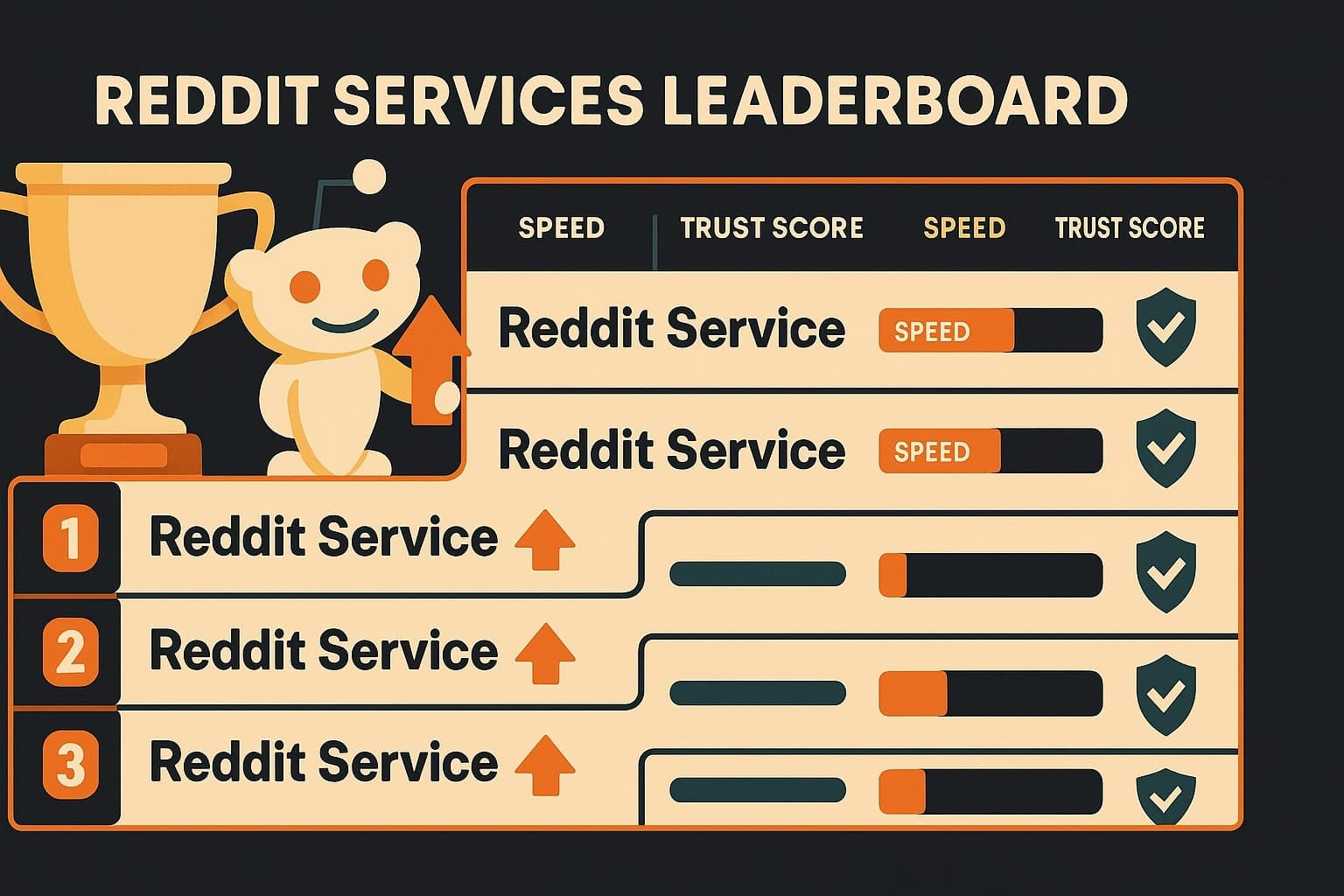 A modern leaderboard illustration comparing Reddit upvote services with speed and trust score bars