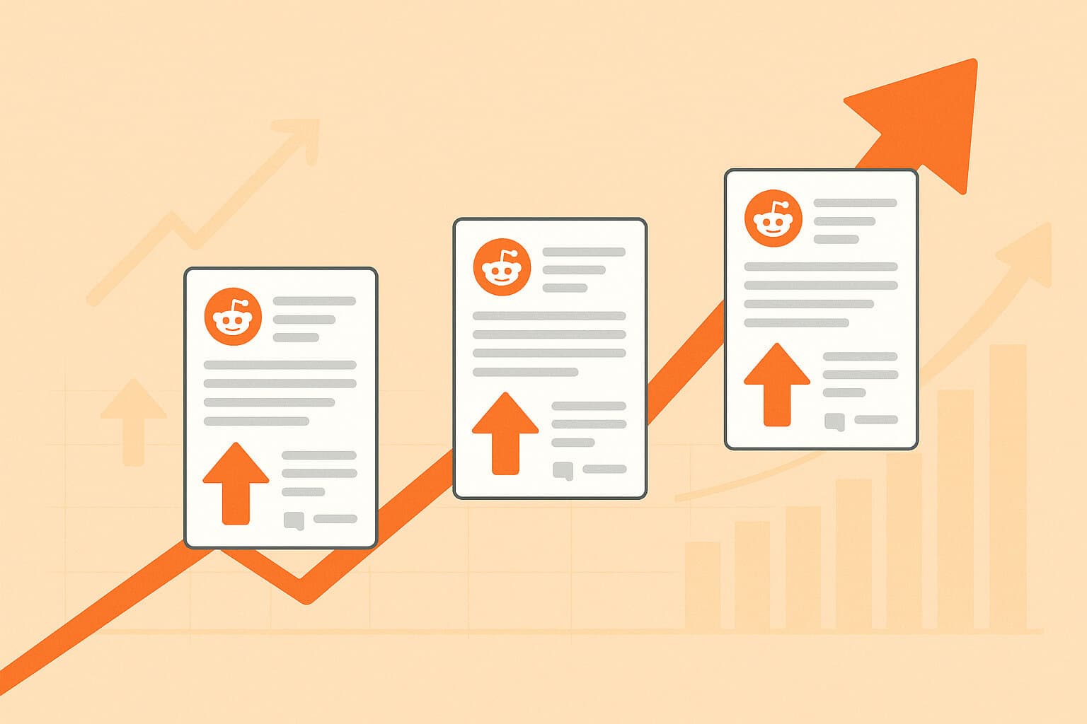 Illustration showing Reddit posts rising with upvote arrows and charts
