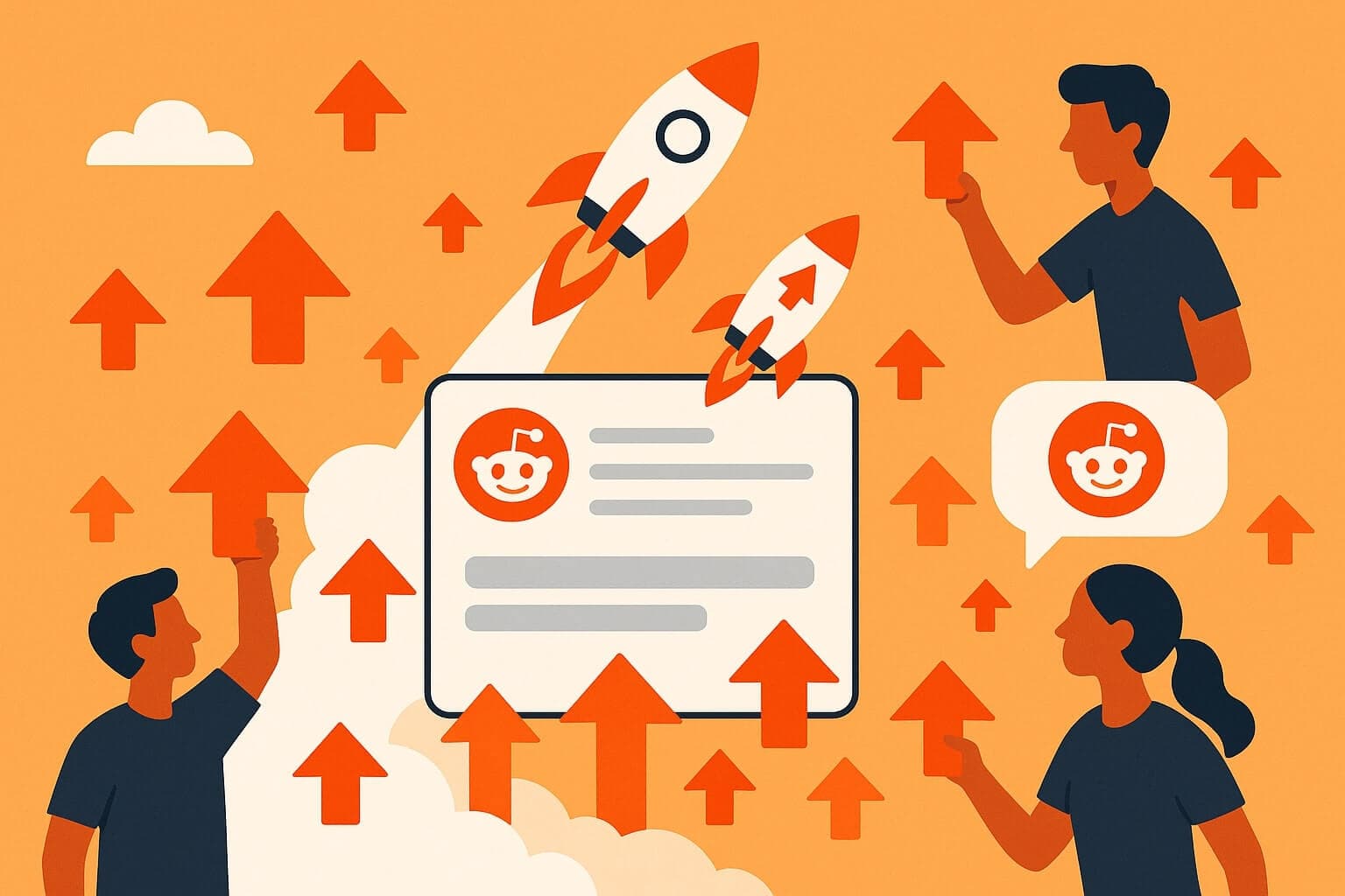 A flat illustration of a Reddit post going viral with rockets, upvote arrows, and users sharing content