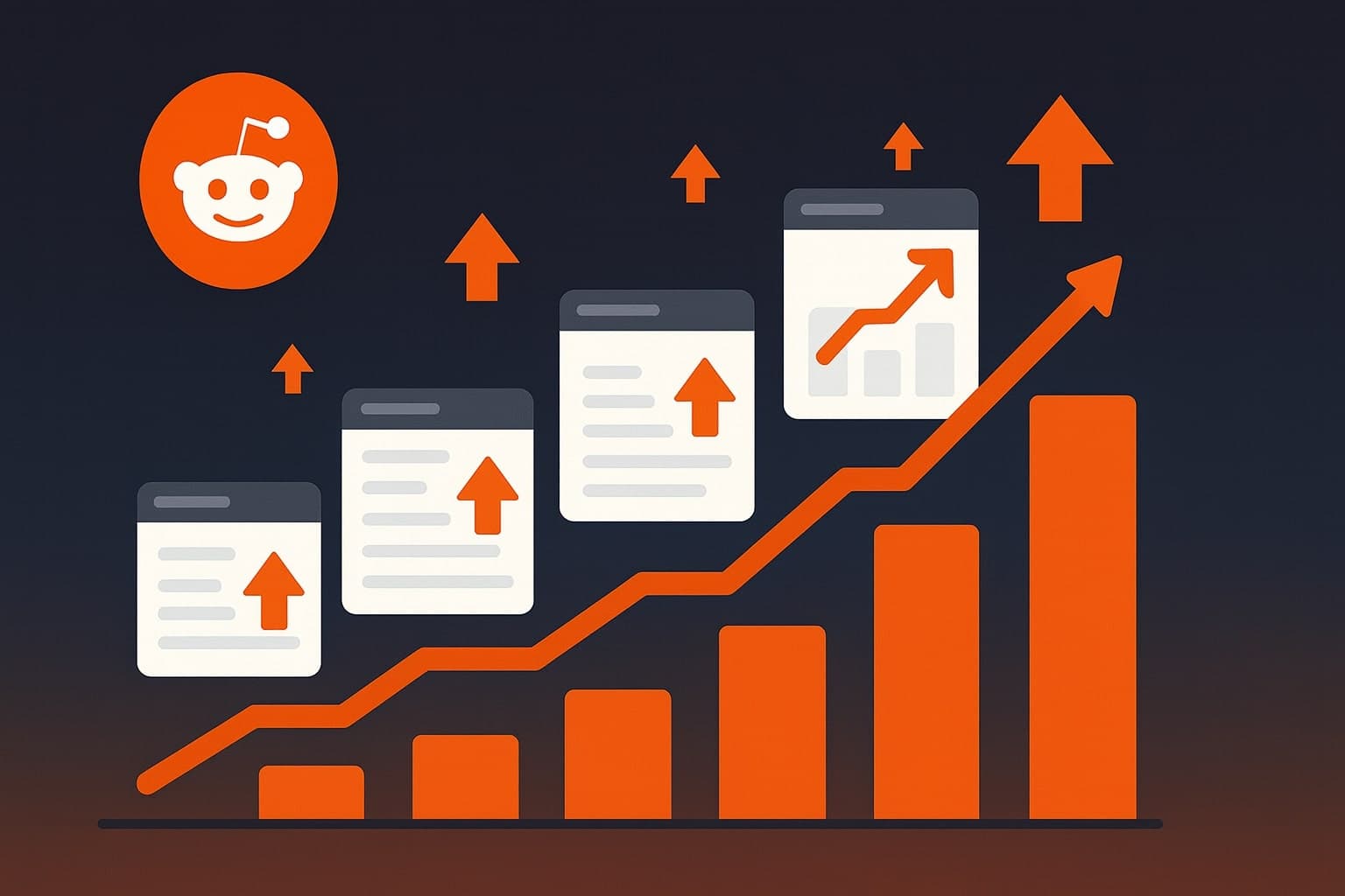 A growth bar chart illustration with Reddit posts rising and upvote arrows symbolizing organic expansion