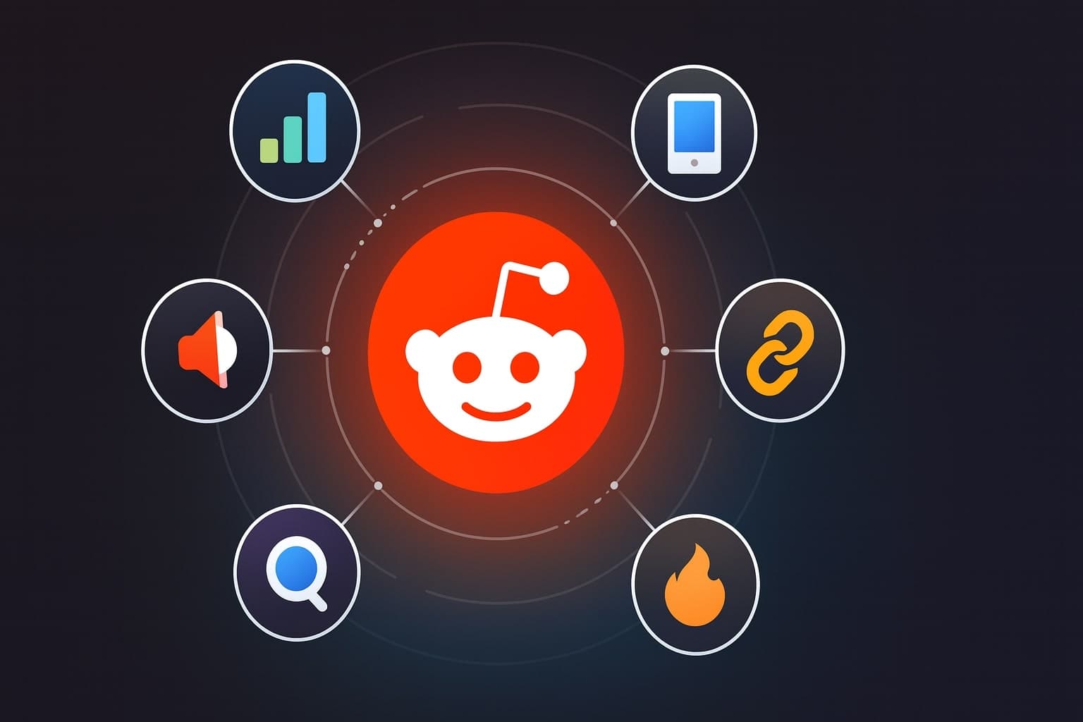 An infographic showing interconnected Reddit tools represented as apps orbiting around the Reddit logo