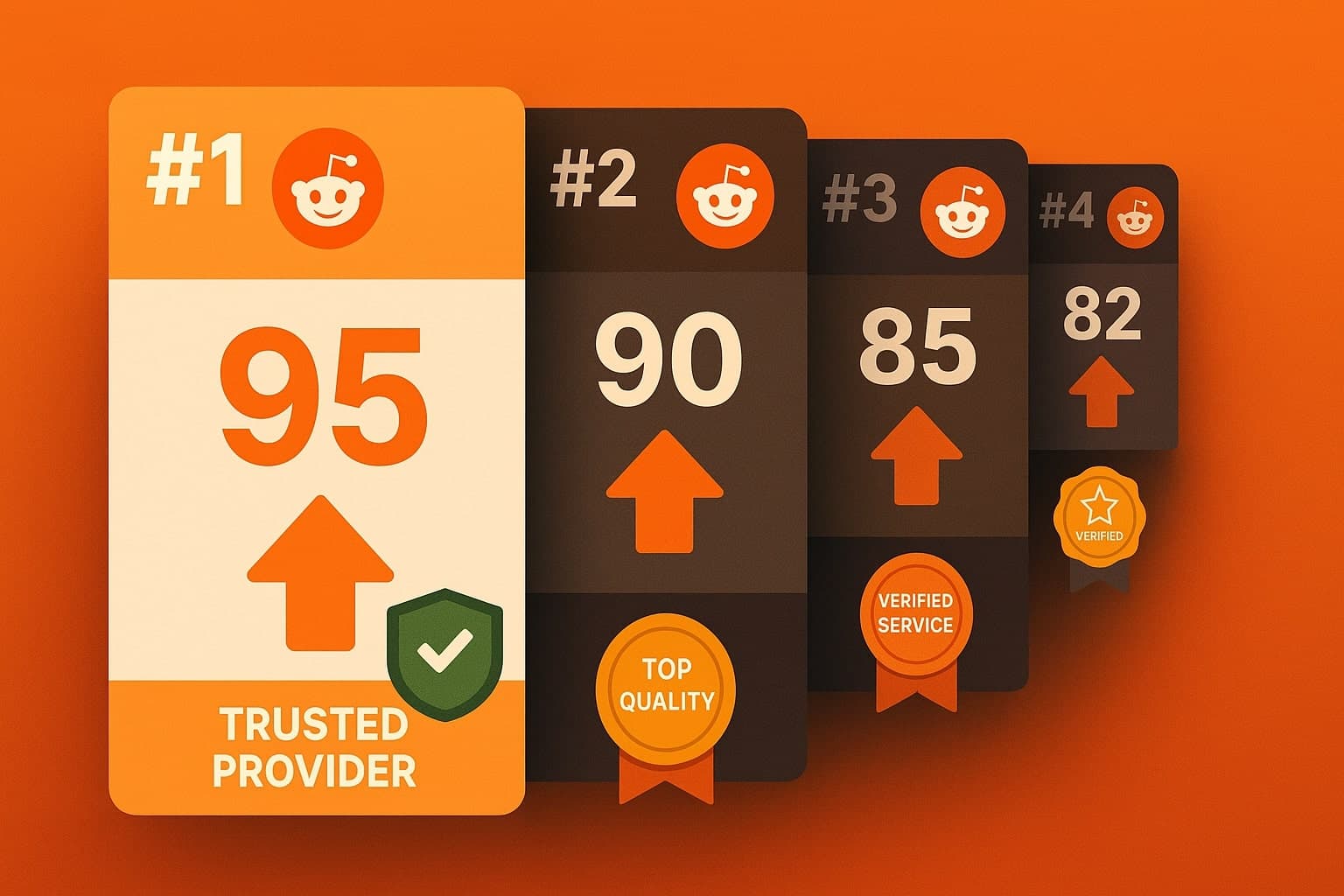 A ranking-style infographic showing multiple Reddit service cards with upvote icons and trust badges
