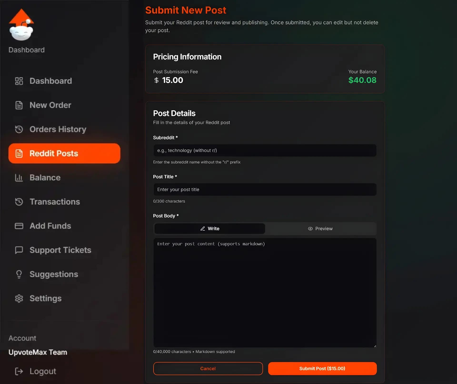 Reddit Posting Service Submit Form - Easy-to-use interface for submitting Reddit posts with subreddit selection, post title, content editor with markdown support, and one-click submission
