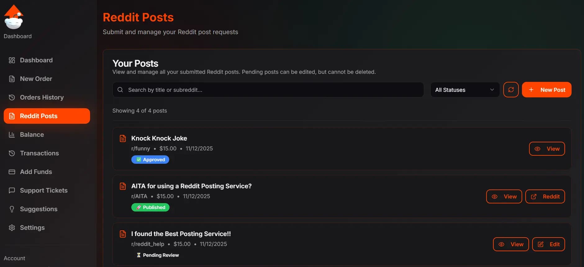 Reddit Posting Service Dashboard - Professional platform to manage and submit Reddit posts with status tracking, post management, and automated publishing